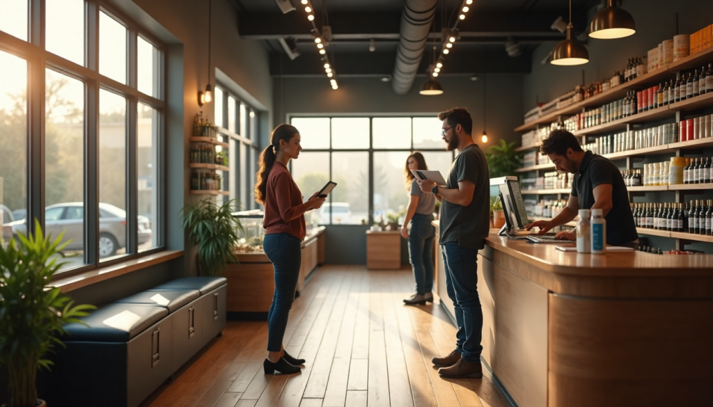 Bright modern cannabis dispensary with staff and customers interacting