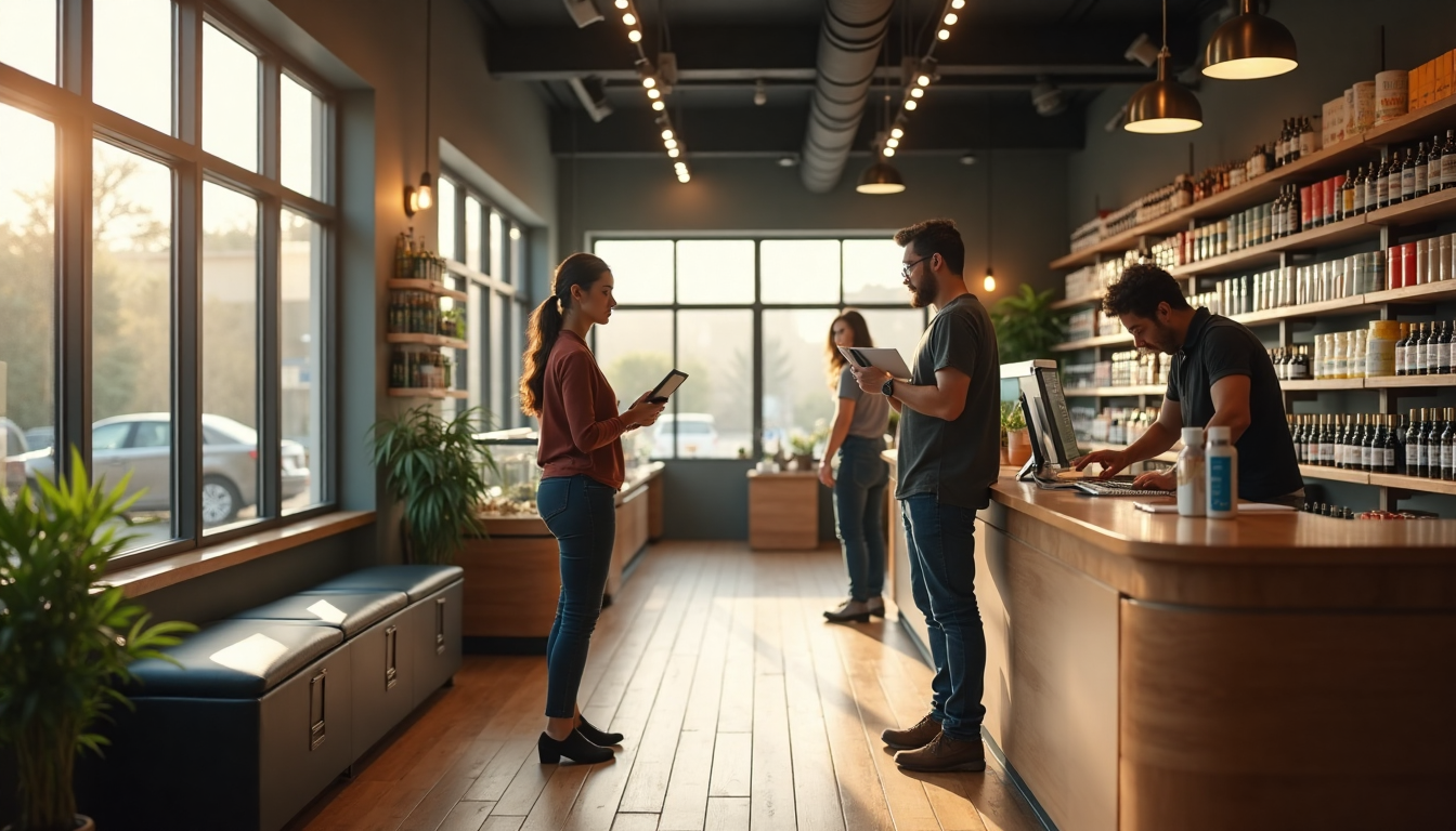 Bright modern cannabis dispensary with staff and customers interacting