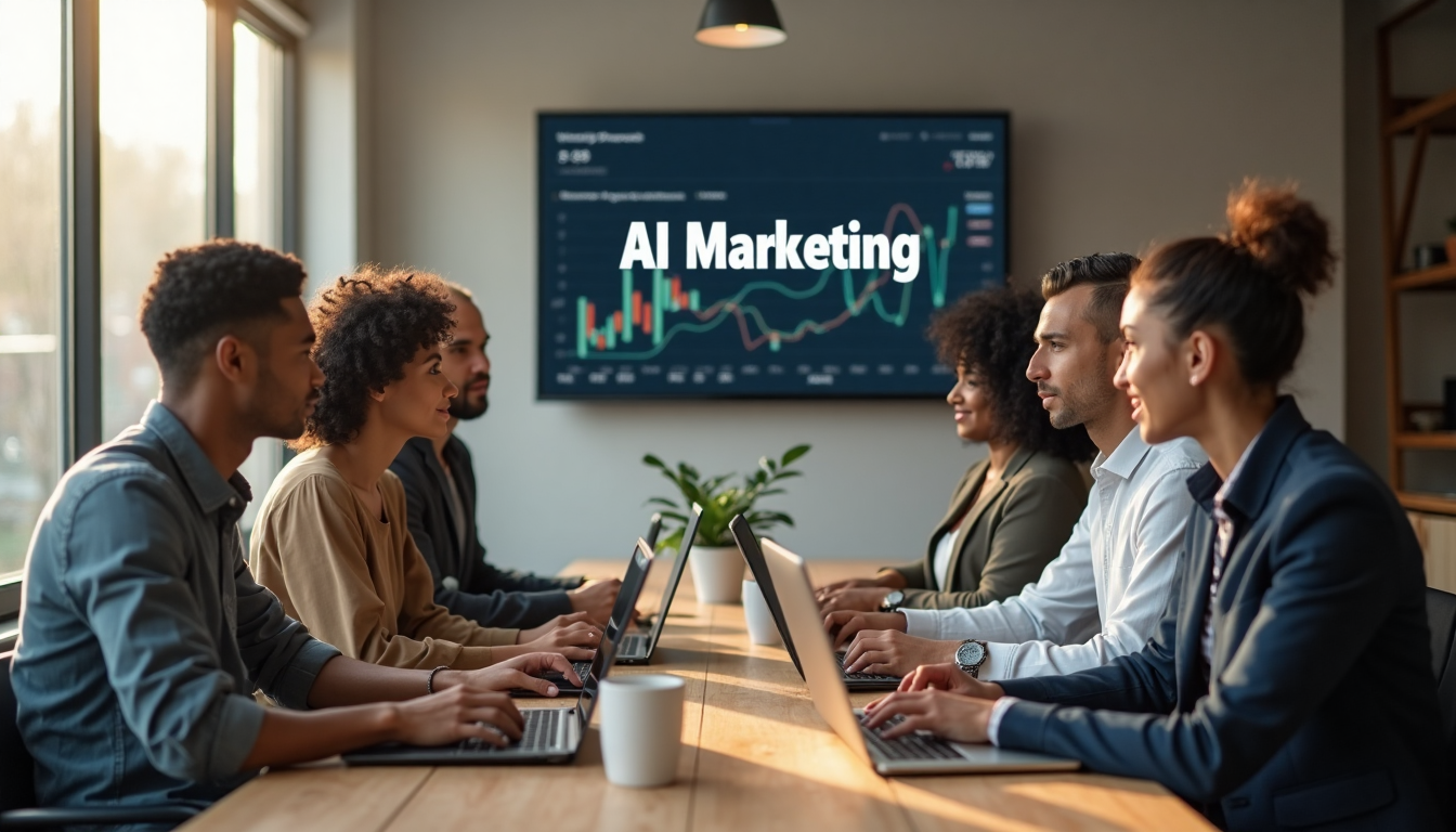 Group of business owners reviewing AI marketing dashboard