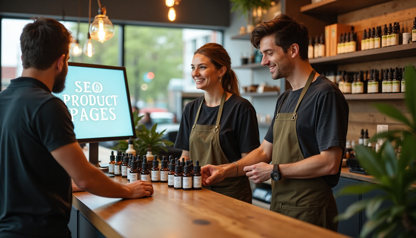 Cannabis store customers talk with staff near digital SEO banner