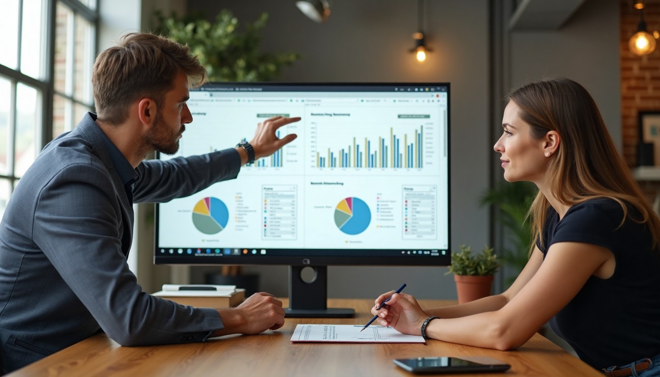 Two professionals discuss website strategy in a modern office