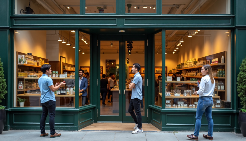 Welcoming cannabis storefront with branding mistakes banner