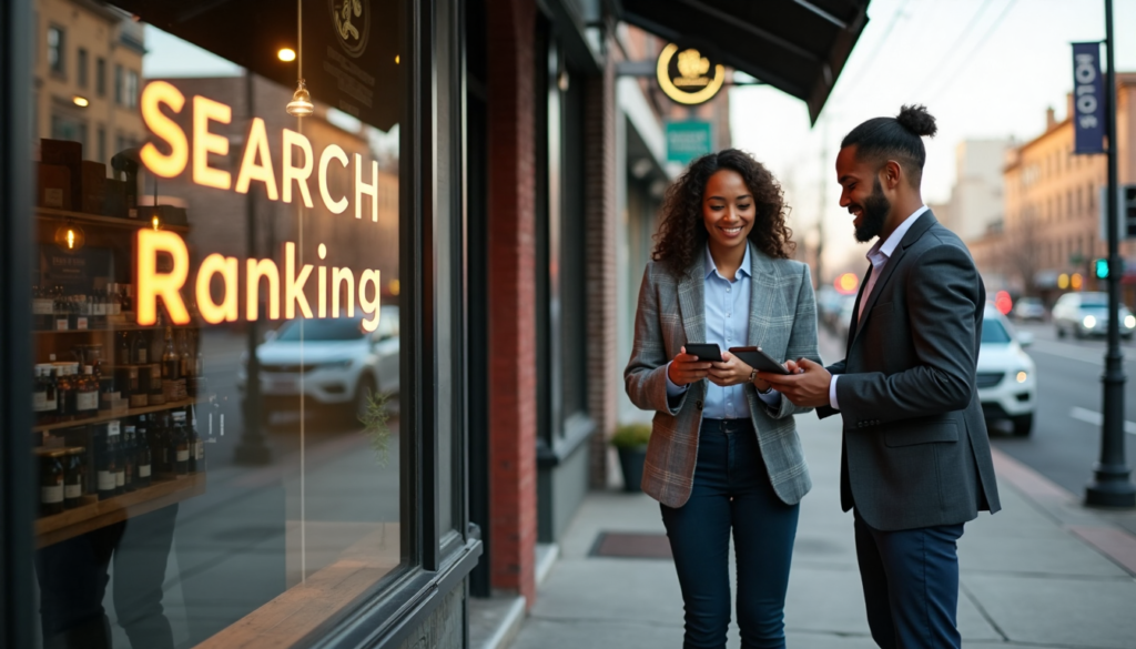 Local business owners using devices reviewing search ranking outside their stores