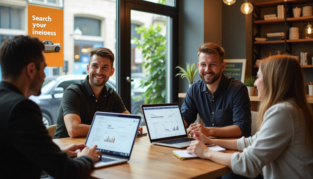 Local business owners discuss digital strategy in a café with 'Search Visibility' poster