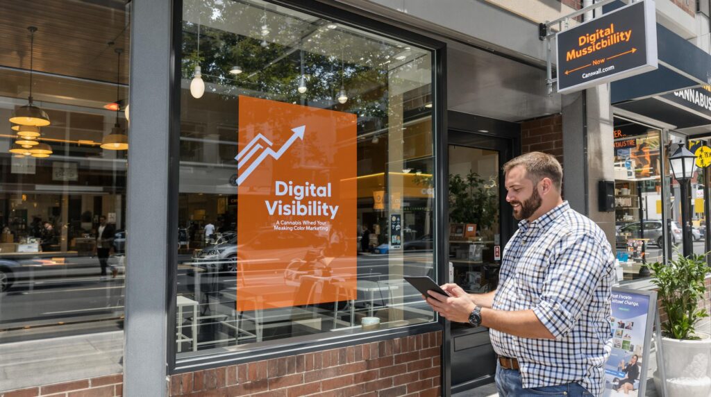 Cannabis store owners reviewing marketing strategies outside their shop