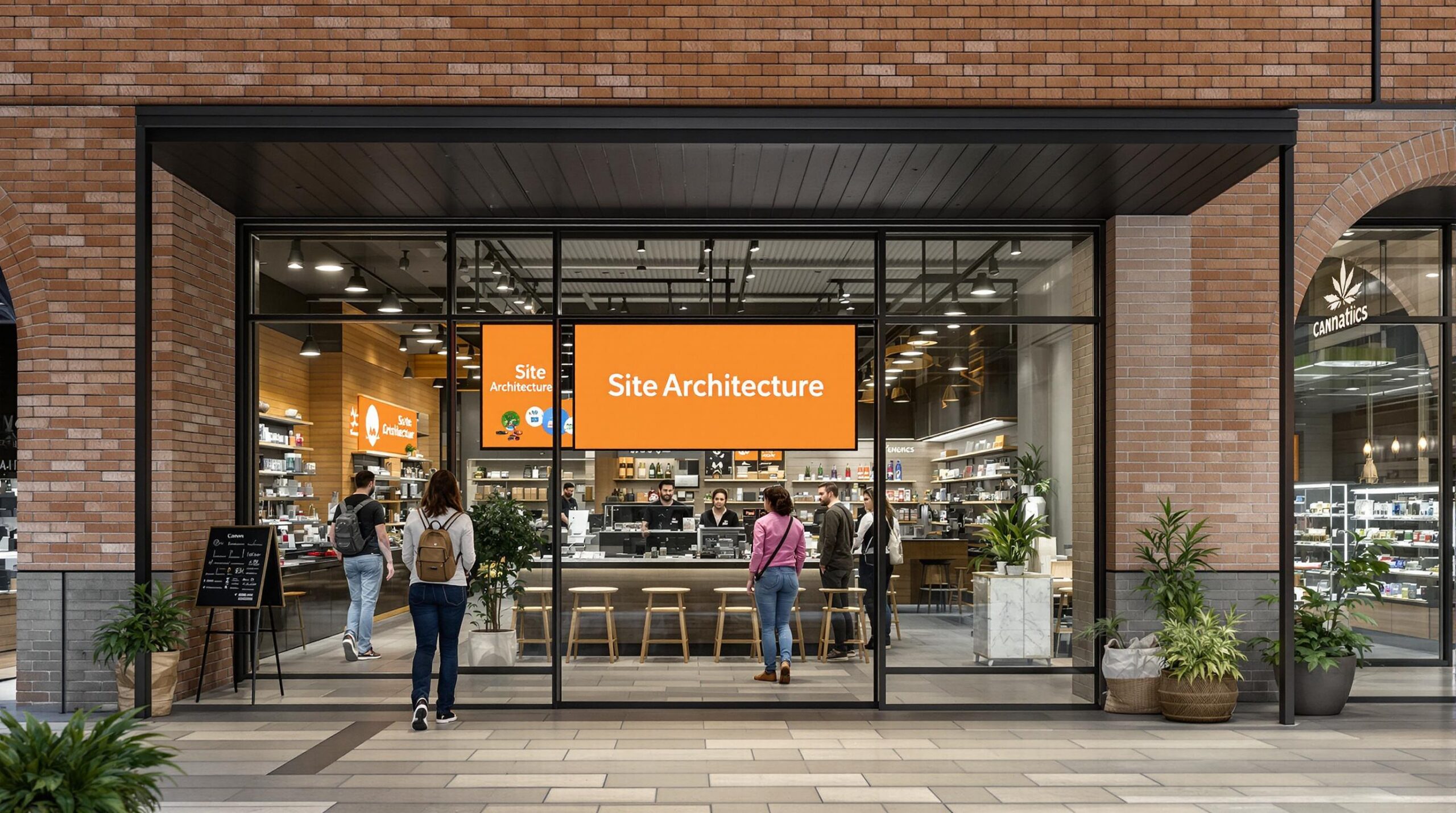 Cannabis dispensary storefront with clear architecture and welcoming signage