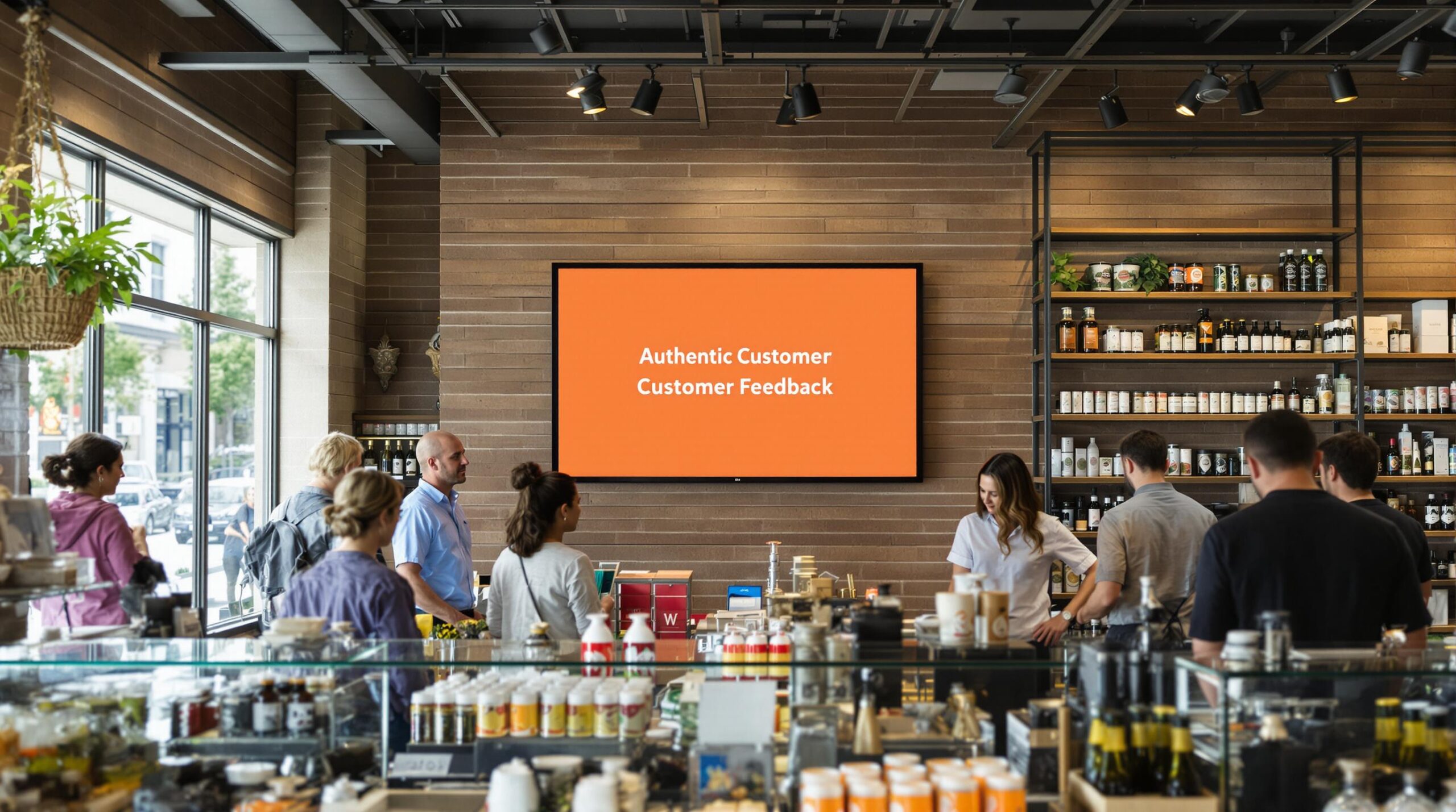 Modern cannabis retail store with customers and staff, digital screen shows 'Authentic Customer Feedback'