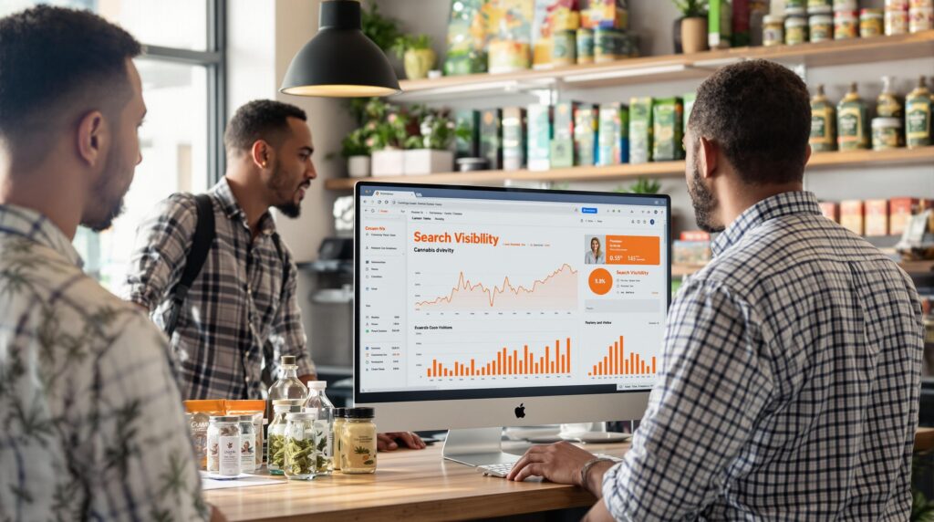 Cannabis retail team reviewing search visibility analytics on computer in shop