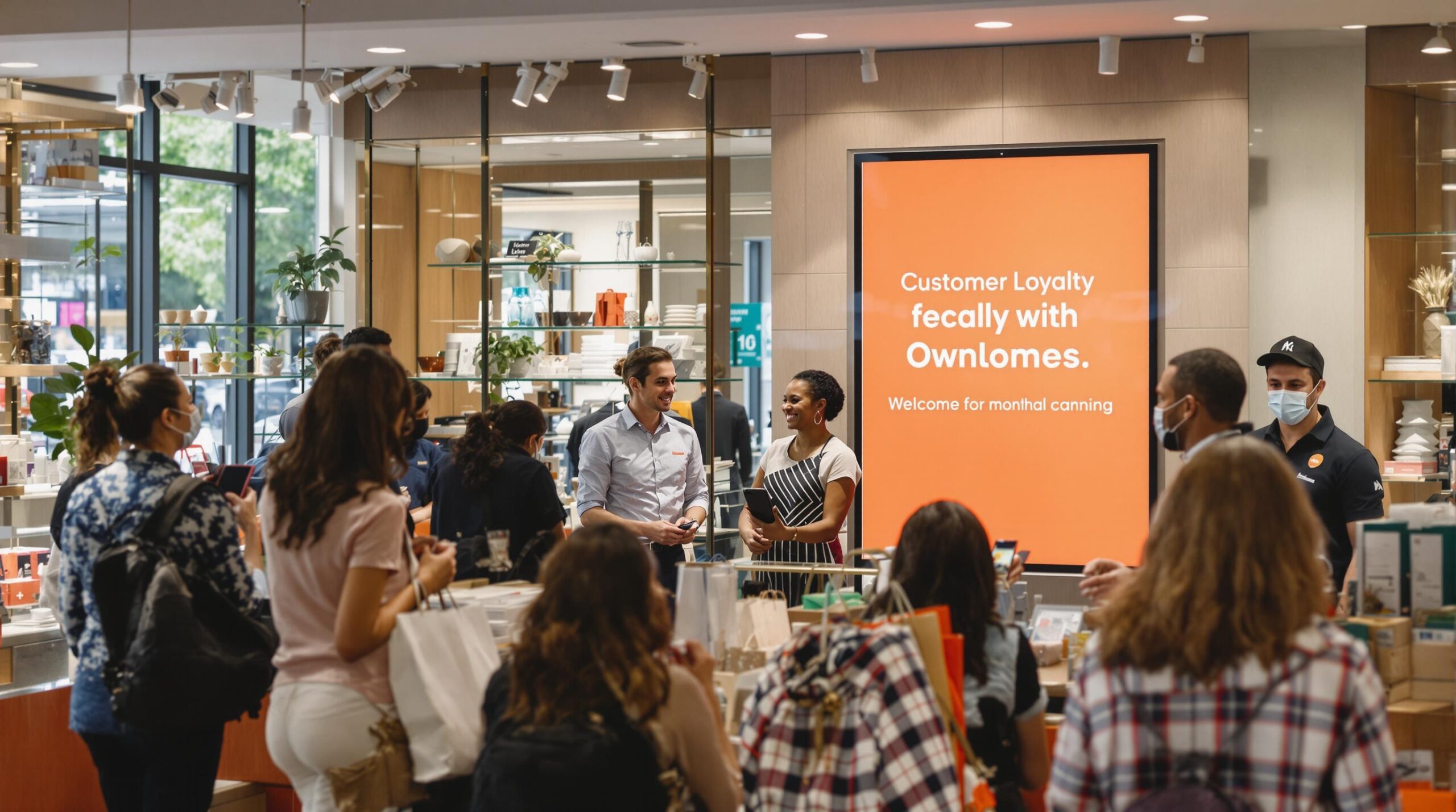 Modern retail store showing happy customers and staff with 'Customer Loyalty' on display