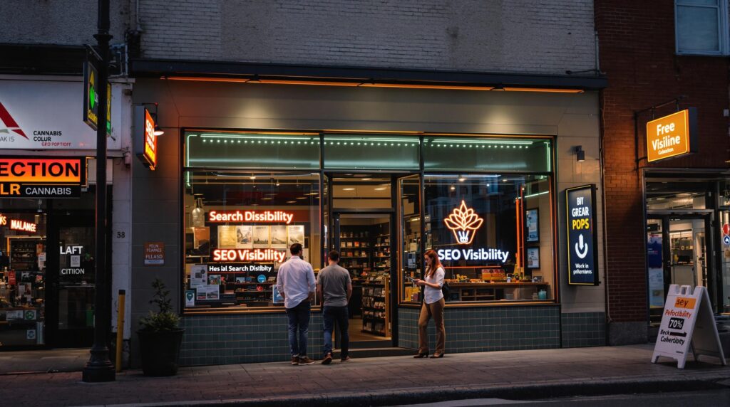 Cannabis shop owners discussing SEO at storefront with 'SEO Visibility' sign