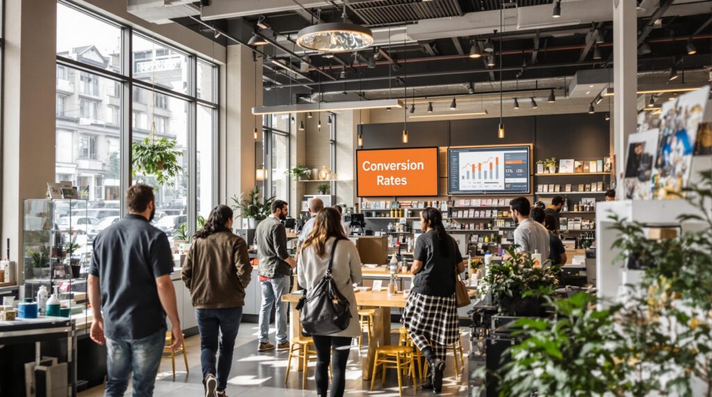 Cannabis dispensary with people and analytics monitor showing conversion rates