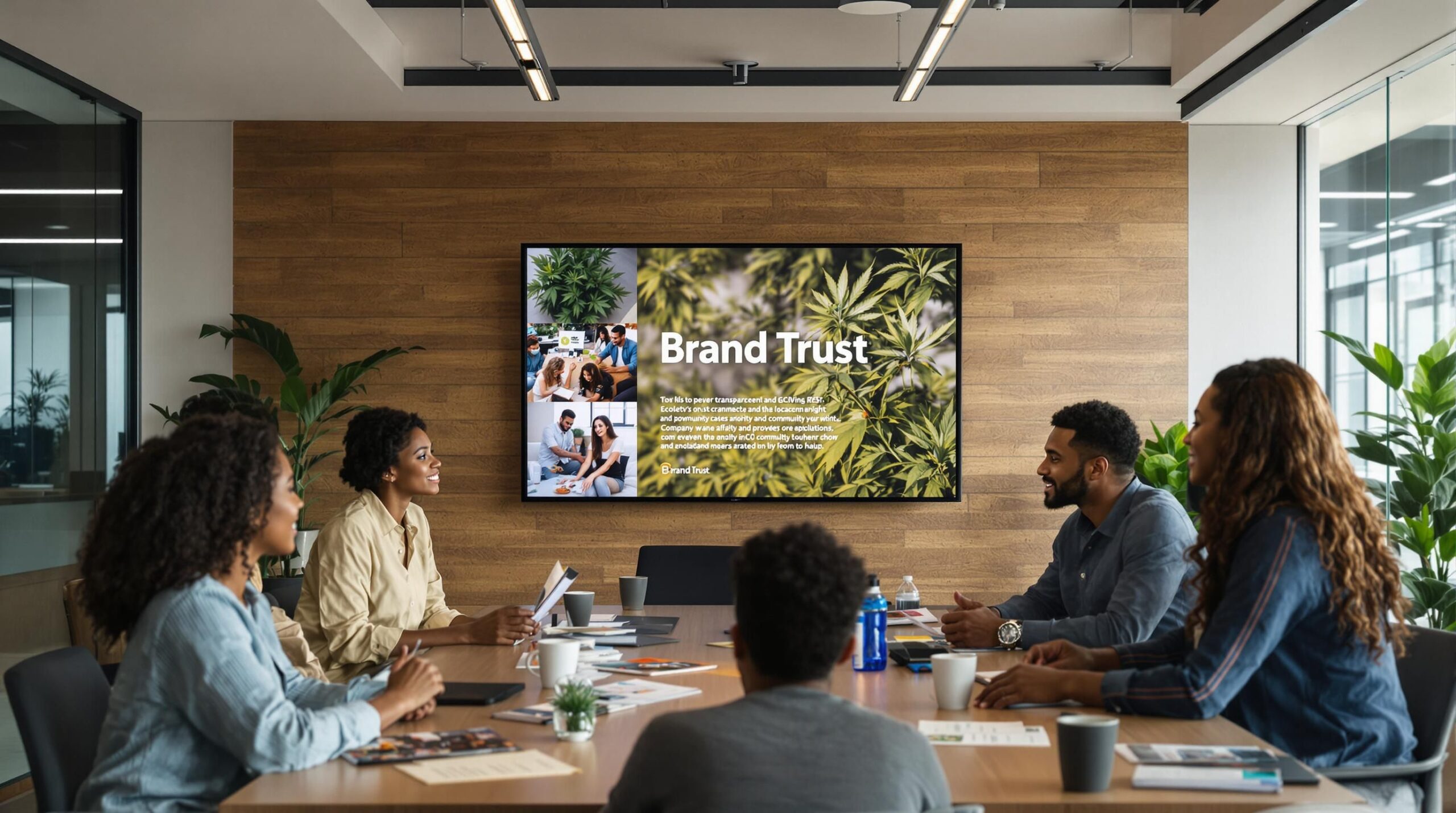 Cannabis company team discussing social responsibility and building trust