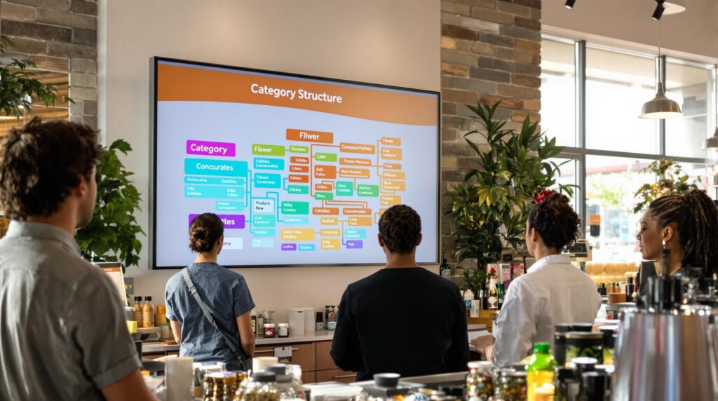 Dispensary team reviews cannabis category hierarchy on digital display wall