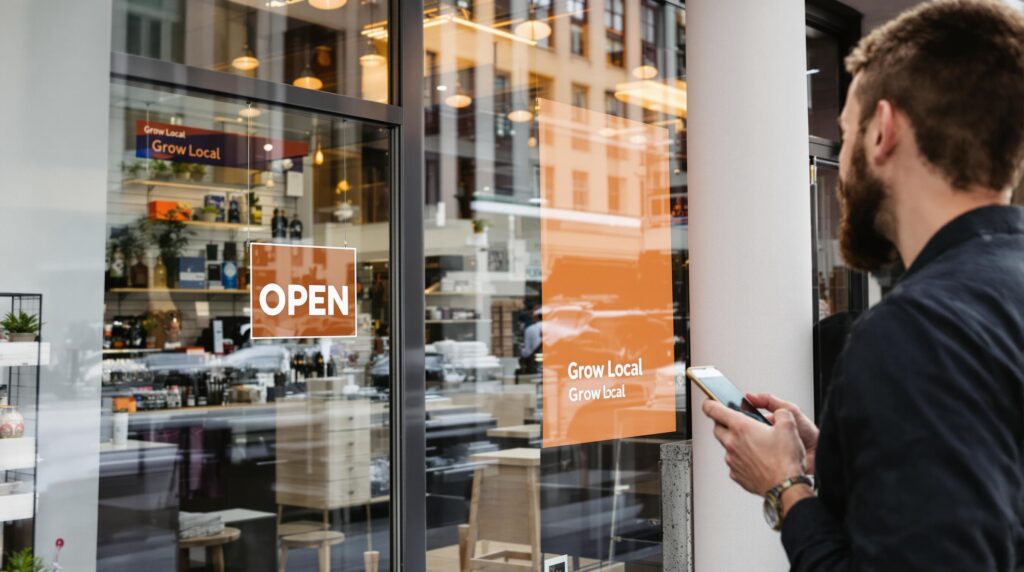 Local business owner adjusts open sign as customer checks phone outside