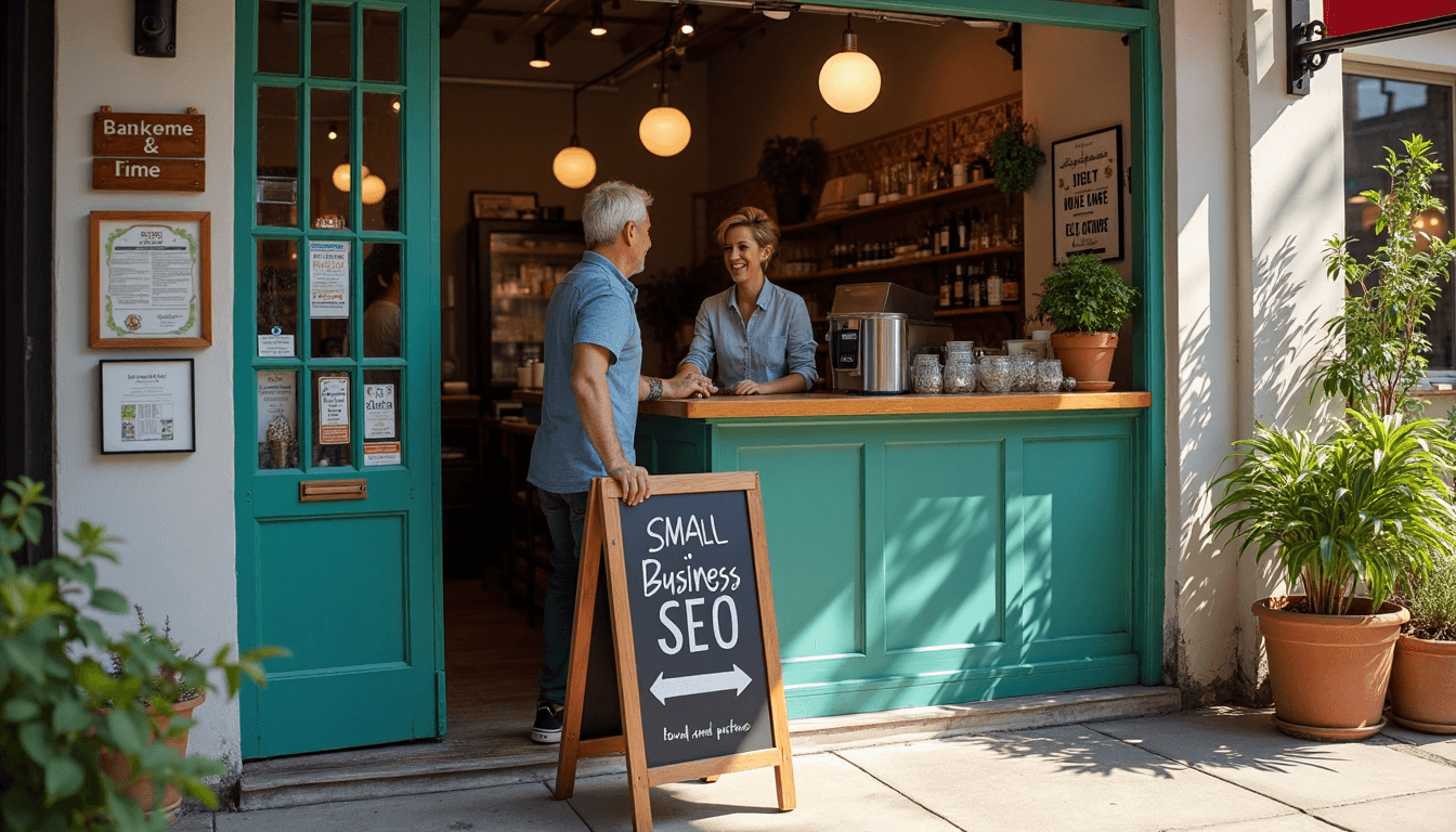 Small business shop owner greets customer by sunlit entrance